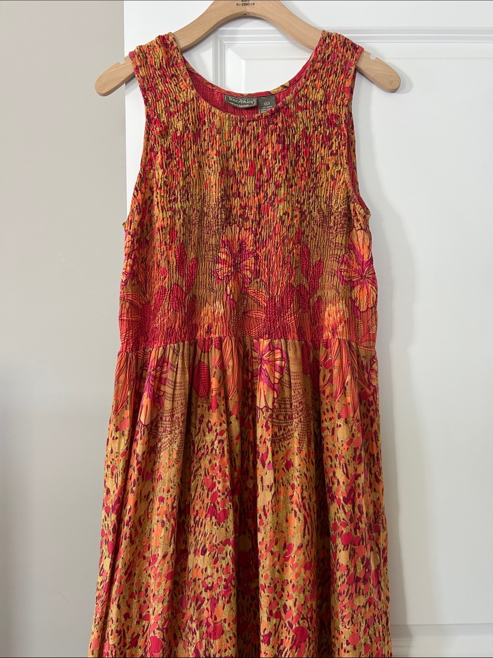 Jane Ashley Smocked Bodice Maxi Dress Sz L w MEASUREMENTS Hibiscus Print Cotton
